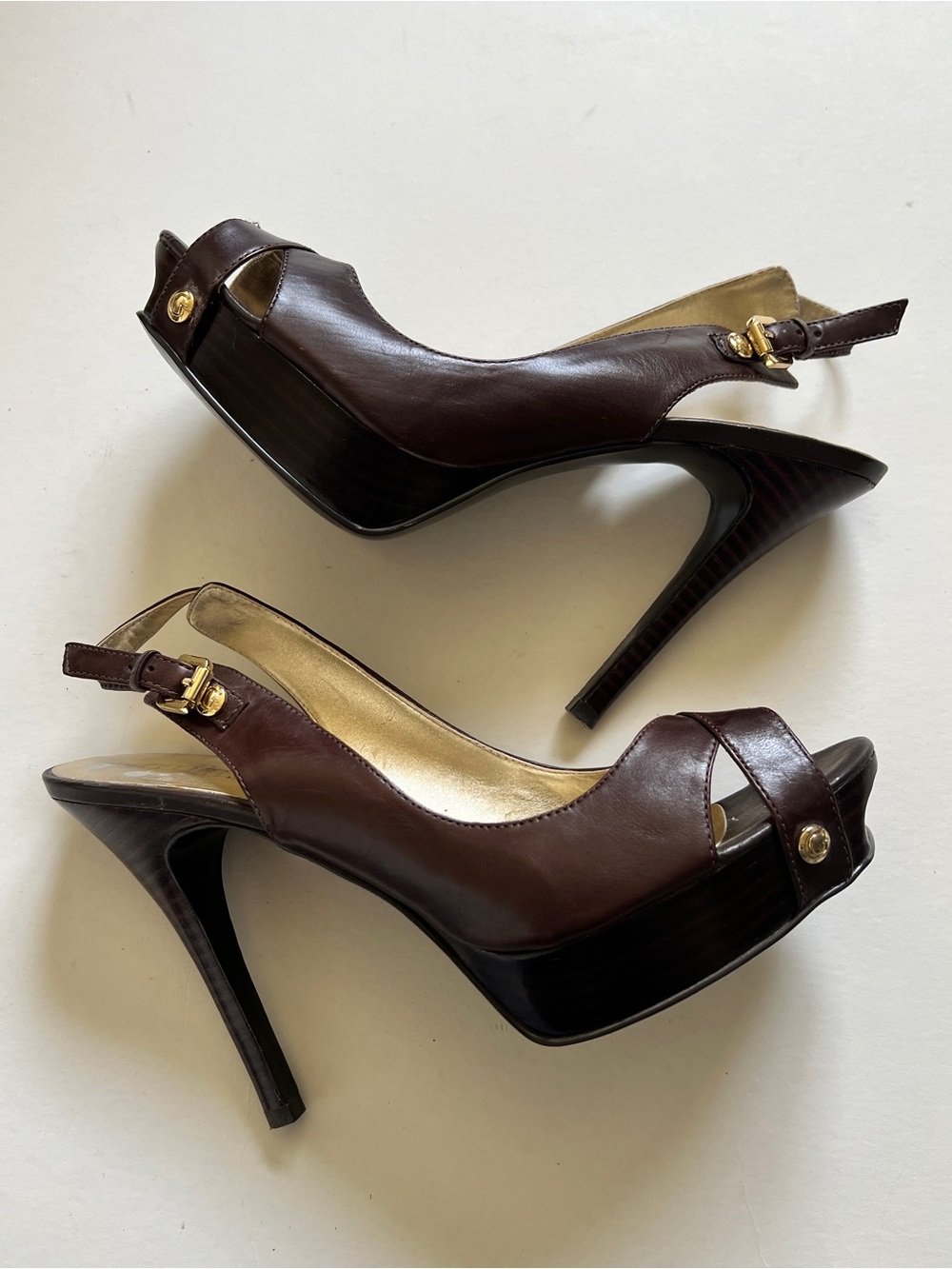 Guess Brown Leather Peep-Toe Slingback Heels